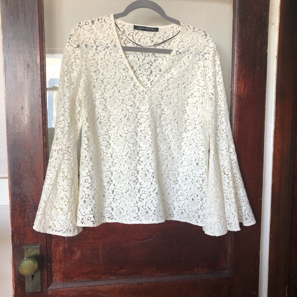 SOLD Zara Crochet Lace Exaggerated Ruffle Bell Sleeve Blouse - Picture 7 of 13